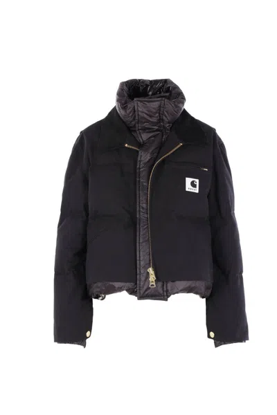 Sacai X Carhartt Wip Corduroy-collar Logo-patch Jacket In Black