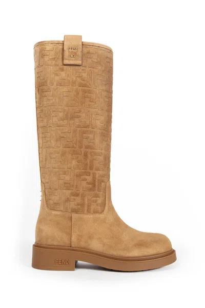 Fendi Cavallerizzo Boot Suede Ff Rubber Sole Boots Beige In Brown