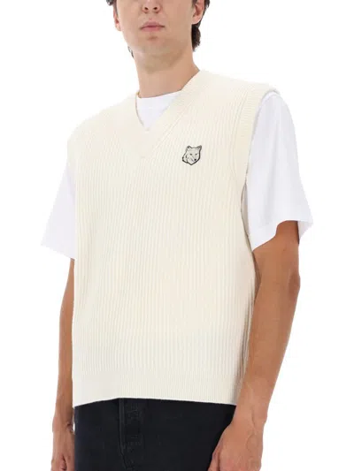 Maison Kitsuné Sleeveless V-neck Ribbed T-shirt In Neutral