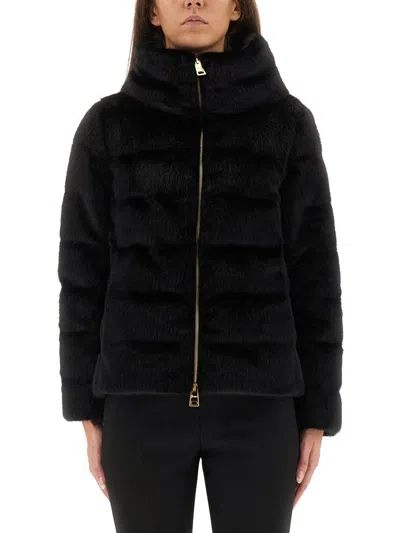 Herno Cropped Black Jacket With Plush Texture And High Collar In Black