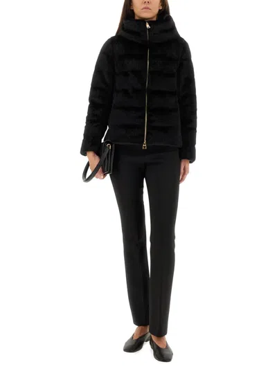 Herno Cropped Black Jacket With Plush Texture And High Collar In Black