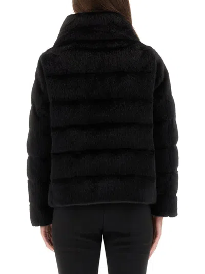 Herno Cropped Black Jacket With Plush Texture And High Collar In Black