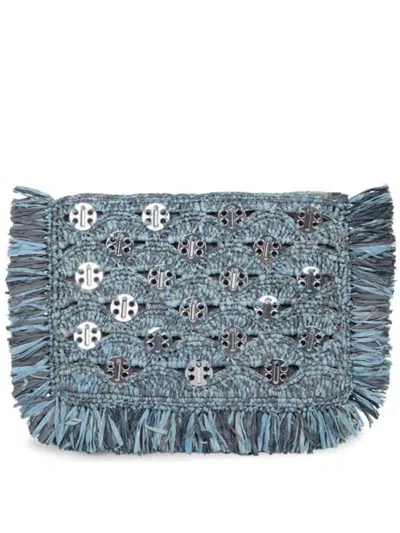 Rabanne Blue Denim Raffia Clutch Bag In Gray