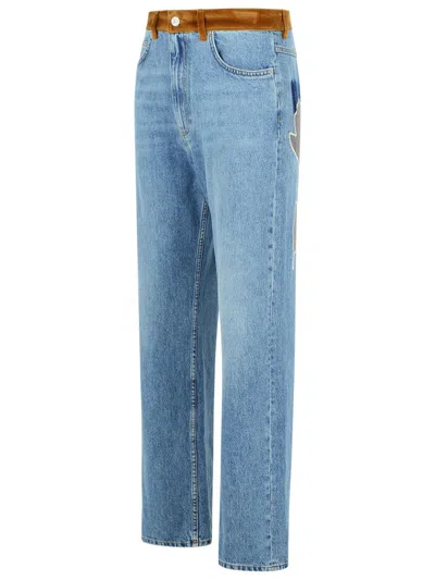 Marni Denim Trousers With Floral Patch Detail In Blue