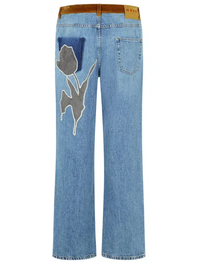 Marni Denim Trousers With Floral Patch Detail In Blue