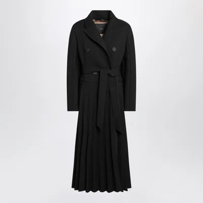 Max Mara Black Pleated Redingote Coat In Technical Fabric In Black