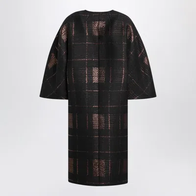 Max Mara Jacquard Lame Cocoon Coat With Checked Pattern In Black