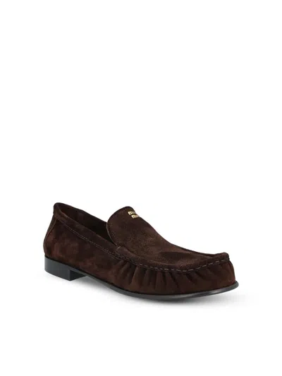 Miu Miu Suede Round Toe Slip On Loafers In Brown