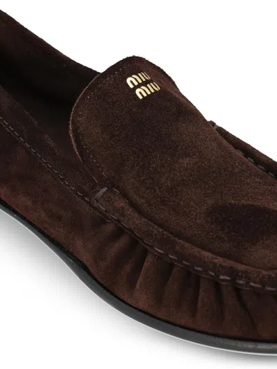 Miu Miu Suede Round Toe Slip On Loafers In Brown