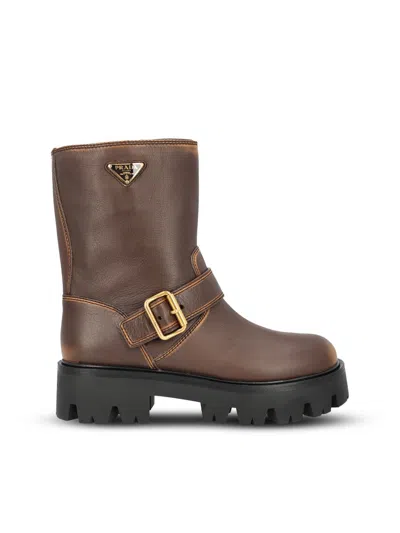 Prada Leather Boots With Vintage Effect And Logo In Brown