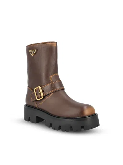 Prada Leather Boots With Vintage Effect And Logo In Brown