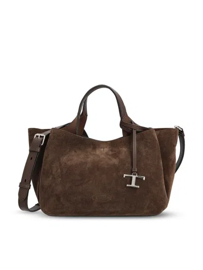 Tod's Medium Suede Logo Tote Bag In Brown
