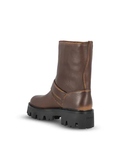 Prada Leather Boots With Vintage Effect And Logo In Brown