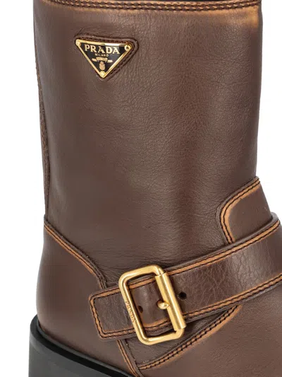 Prada Leather Boots With Vintage Effect And Logo In Brown