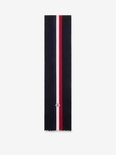 Moncler Logo Patch Stripe Virgin Wool Fringe Scarf In Blue