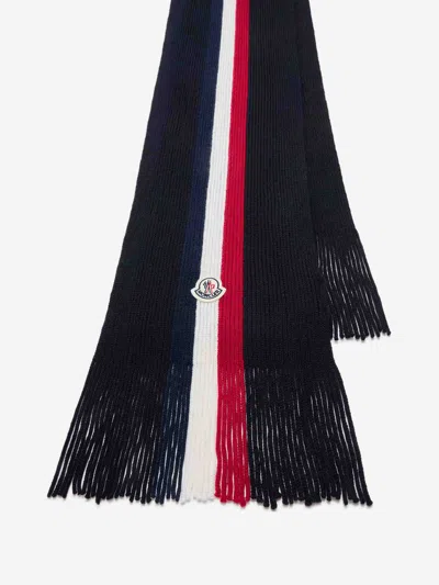 Moncler Logo Patch Stripe Virgin Wool Fringe Scarf In Blue