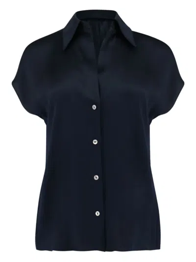 Vince Cap-sleeve Linen Button-front Blouse In Coastal Blue