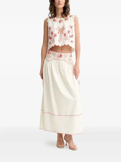 Never Fully Dressed Pollenca Embroidered Cotton Midi Skirt In Multi