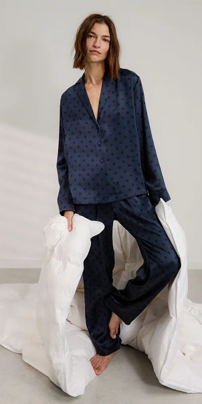 Lunya Washable Silk Long Sleeve Pant Set Blue Ellipsis In Blue