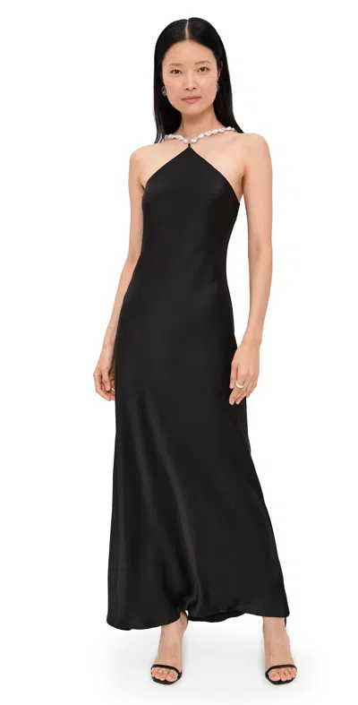 Staud Cadence Beaded Halter Satin Maxi Dress In Black