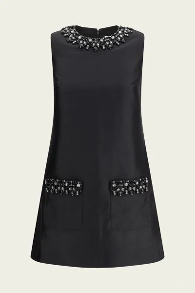 Self-portrait Black Taffeta Embellished Trim Mini Dress In Black