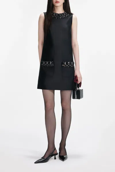 Self-portrait Black Taffeta Embellished Trim Mini Dress In Black