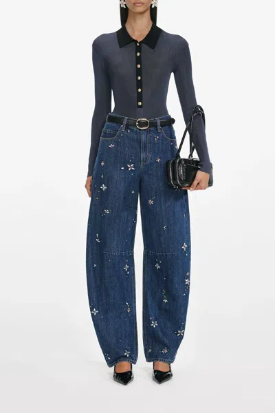 Self-portrait Blue Embellished Barrel Leg Jeans In Blue