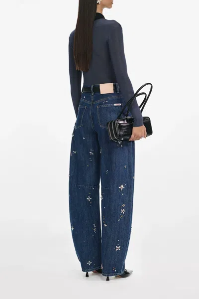 Self-portrait Blue Embellished Barrel Leg Jeans In Blue