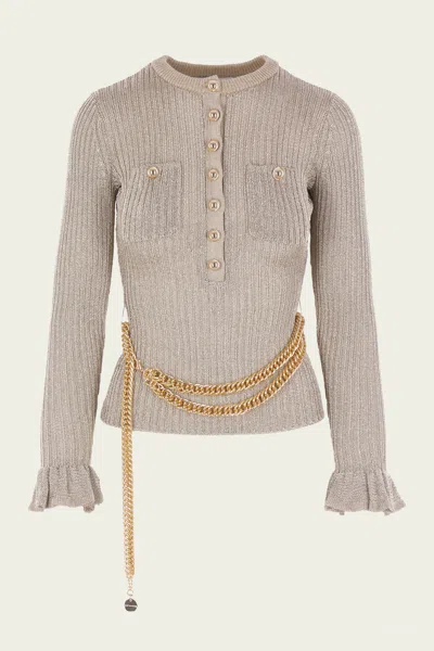 Self-portrait Gold Lurex Ribbed Knit Top In Neutral
