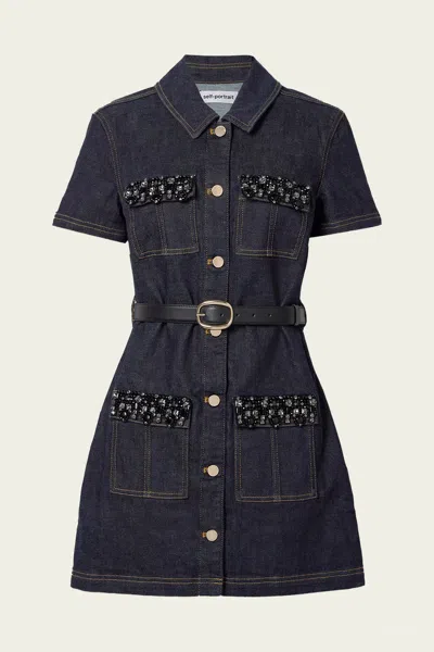 Self-portrait Indigo Denim Crystal Trim Mini Dress In Blue