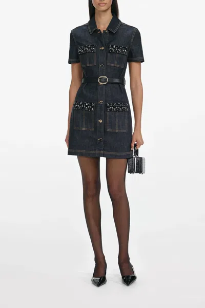 Self-portrait Indigo Denim Crystal Trim Mini Dress In Blue