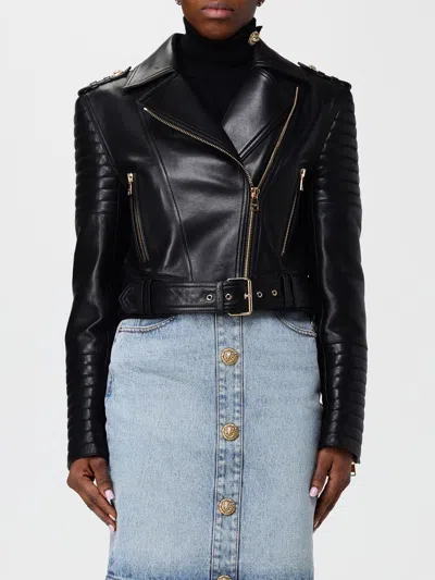 Balmain Cropped Leather Biker Jacket In Black