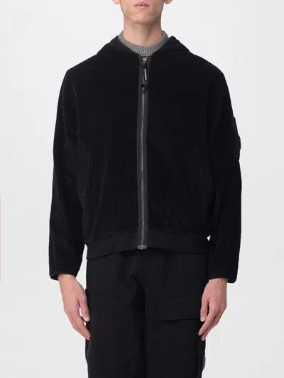 C.p. Company Black Corduroy Zip-up Hoodie With Ribbed Texture And Distinctive Patch In Gray