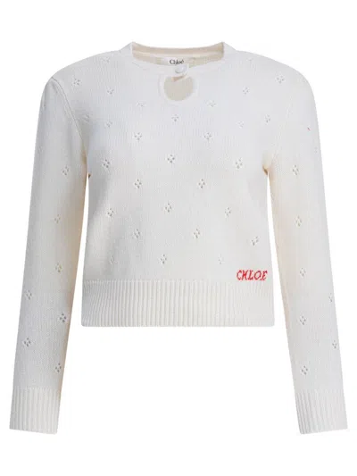 Chloé Wool And Cashmere Fitted Sweater With An Openwork Motif Clothing In Neutral