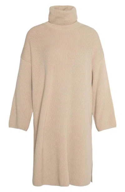 Barbour Long Sleeve Cotton Blend Rib Turtleneck Sweater Dress In Neutral