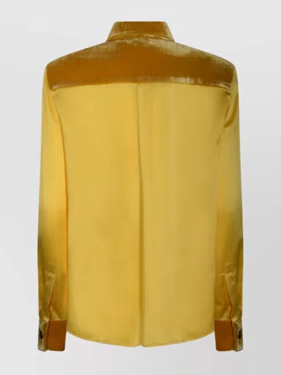Roberto Cavalli Long Sleeve Satin Top With Velvet Collar And Cuffs In Yellow