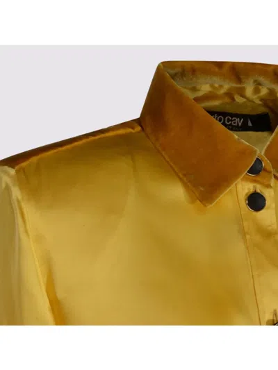 Roberto Cavalli Long Sleeve Satin Top With Velvet Collar And Cuffs In Yellow