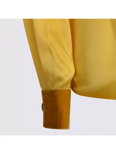 Roberto Cavalli Long Sleeve Satin Top With Velvet Collar And Cuffs In Yellow
