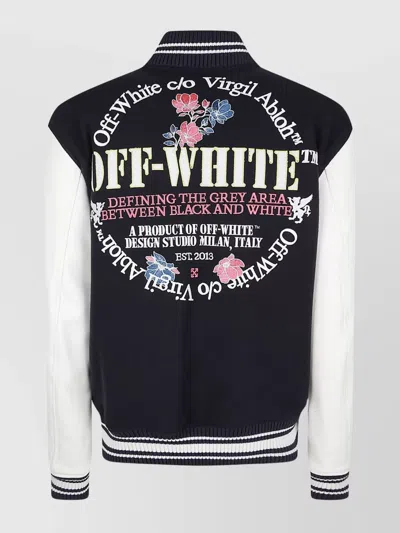 Off-white Varsity Jacket With Ribbed Collar And Contrast Sleeves In Multi