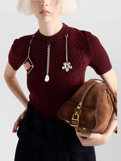 Prada Openwork Motif Wool Sweater With Pendants In Burgundy