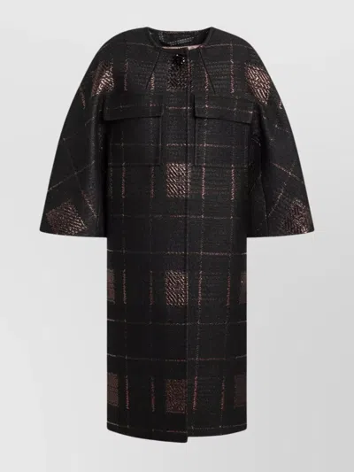 Max Mara Jacquard Lame Cocoon Coat With Checked Pattern In Black