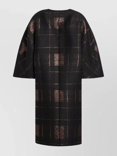 Max Mara Jacquard Lame Cocoon Coat With Checked Pattern In Black
