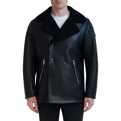 Karl Lagerfeld Paris Faux Shearling Collar Faux Leather Coat In Black