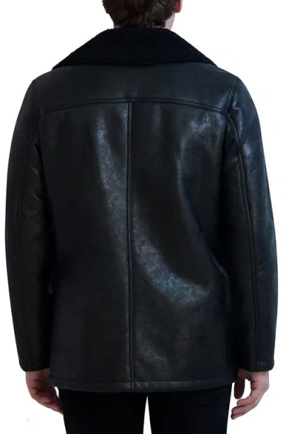 Karl Lagerfeld Paris Faux Shearling Collar Faux Leather Coat In Black