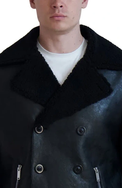 Karl Lagerfeld Paris Faux Shearling Collar Faux Leather Coat In Black