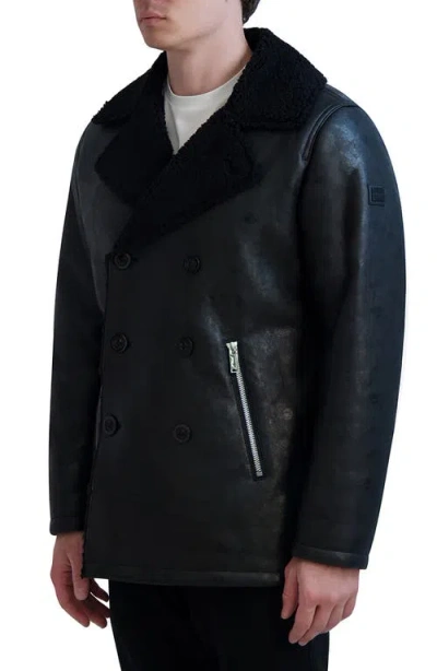 Karl Lagerfeld Paris Faux Shearling Collar Faux Leather Coat In Black