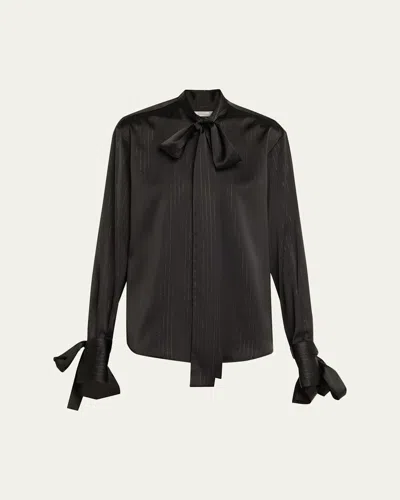 Laquan Smith Bow-neck Metallic Pinstripe Satin Blouse In Black