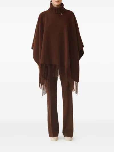 Fabiana Filippi Turtleneck Fringe Poncho In Brown