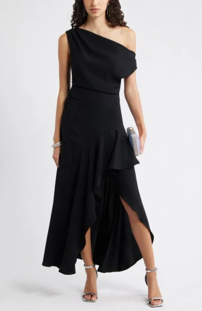 Chelsea28 Cascading Ruffle Crepe One-shoulder Gown In Black