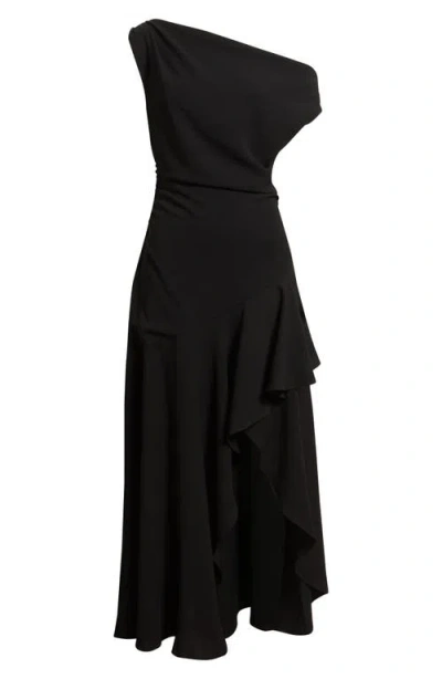 Chelsea28 Cascading Ruffle Crepe One-shoulder Gown In Black